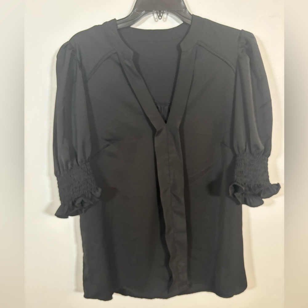 Black Smocked Sleeve Blouse Women’s Large – V-Neck Lightweight Polyester Top
